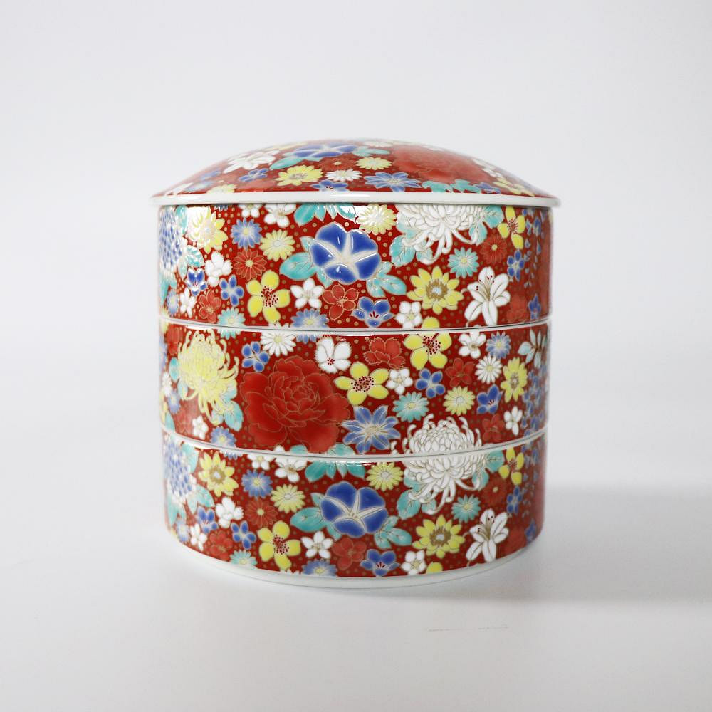 Kutani Ware Handmade 3 Tiered Bento Box (Red Flower, 6.1 x 6.1) Made in Japan 1 count