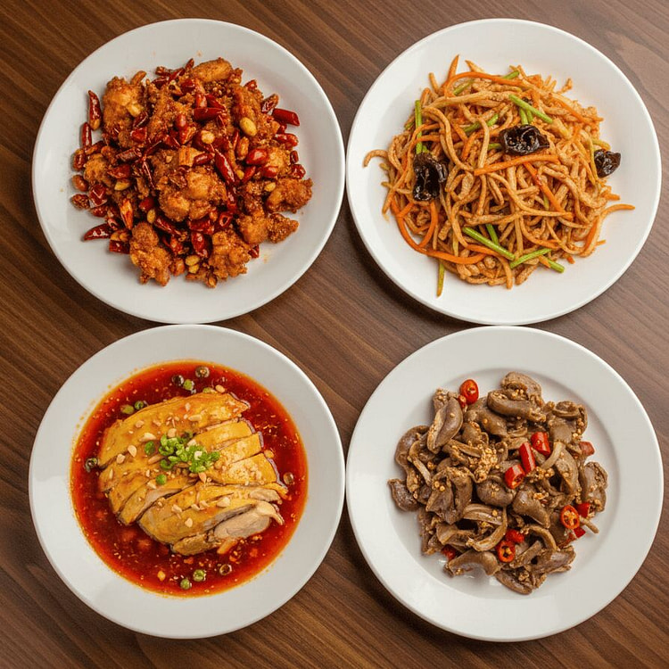 【湘味套餐】 鱼香肉丝+口水鸡+酸辣鸡杂+干锅肥肠 1 份