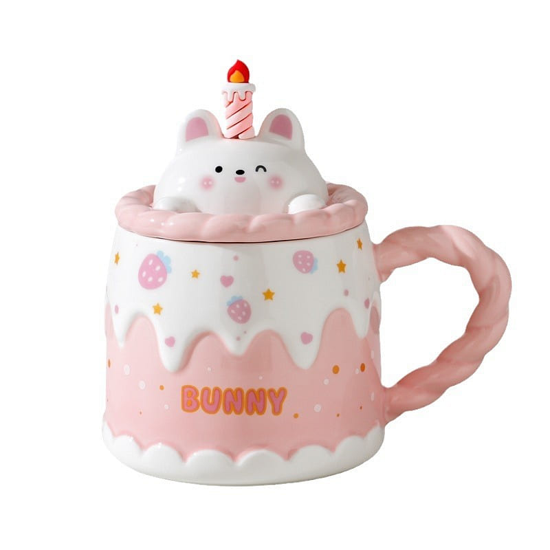 Birthday Cake mug Cartoon Ceramic Coffee Mug With Lid Spoon – Pink Bunny 1Pc 1 each