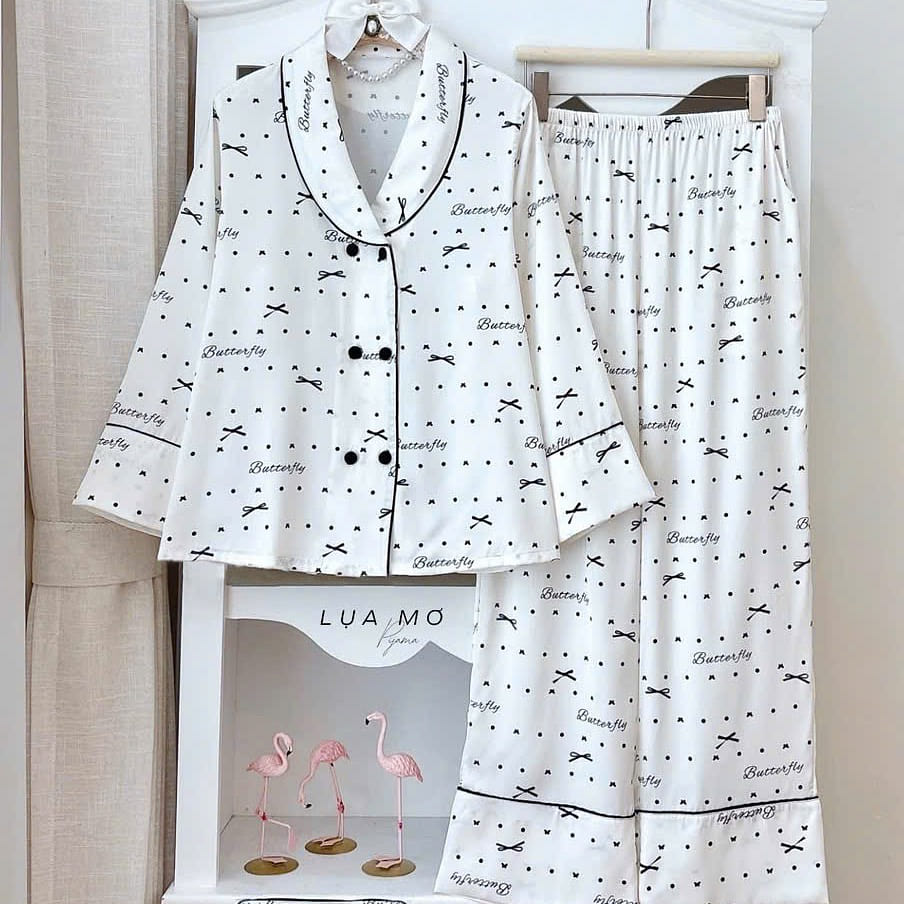 Premium Silk White Black Bow And Letters Pajama 1 count