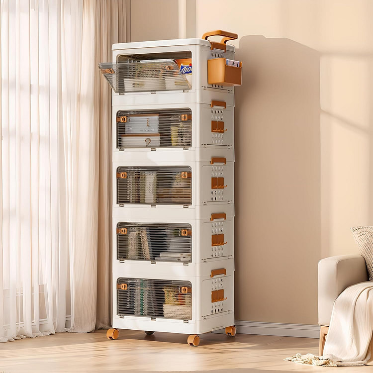 【美国现货】46 QT 可堆叠塑料储物箱，5 个装，双门塑料储物箱，带壁挂式盒子、轮子、挂钩，可折叠储物箱容器，卧室壁橱整理器，厨房储物箱
