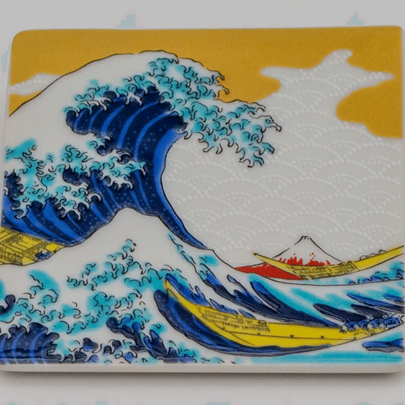 Kutani Ware Handmade Square Coaster (Hokusai Wave, 3.54 x 3.54) Made in Japan 1 each