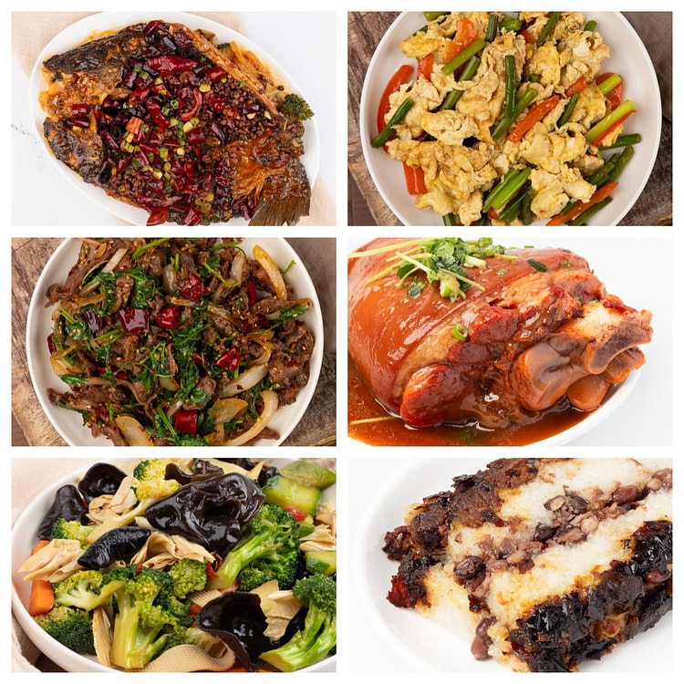 春节套餐（烤鱼，肘子，蒜苔炒蛋，孜然羊肉，凉拌菜） 1 份