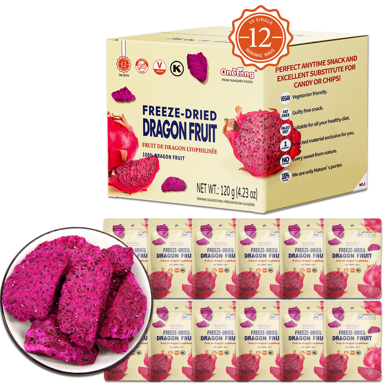 ONETANG Freeze-Dried Dragon Fruit 12 Packs 120g 4.23 온스