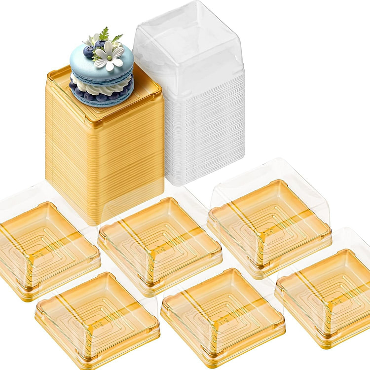 100个50g月饼盒 2英寸月饼糕点容器 金底透明 1 份