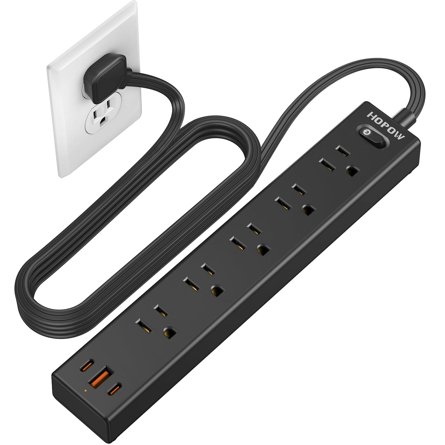 Flat Plug Power Strip, 6Ft Cord Surge Protector 1 each