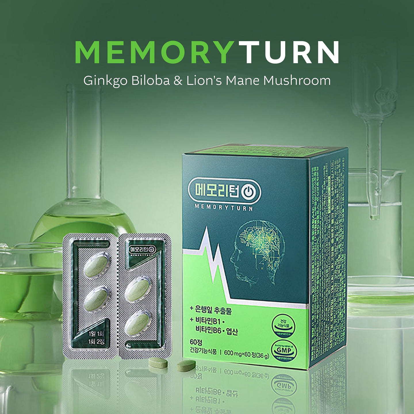 MEMORYTURN Ginkgo Biloba & Lion’s Mane, 60 Tablets 60 count