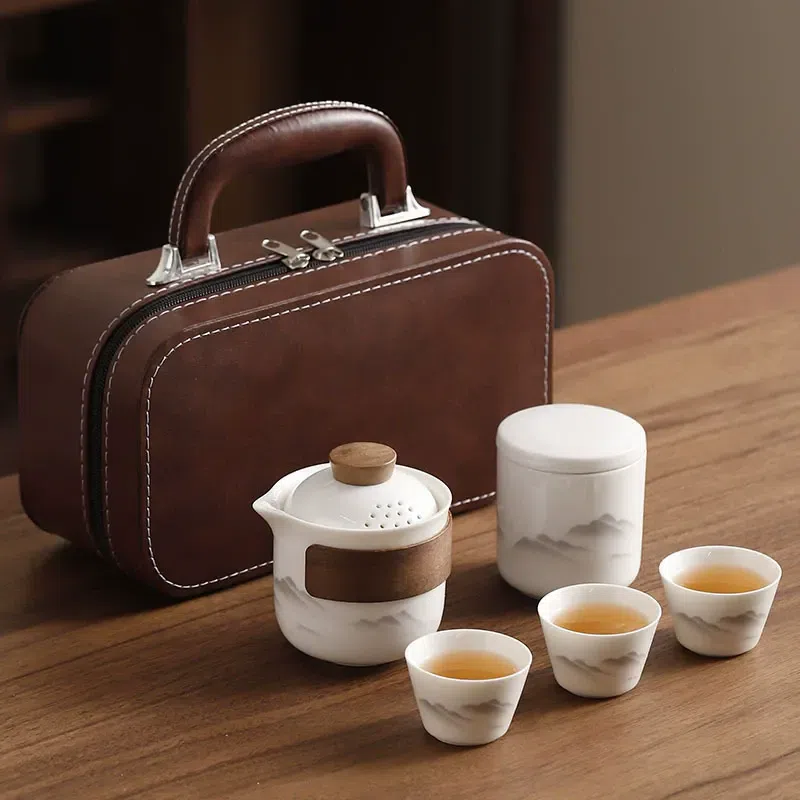 羊脂玉白瓷旅行茶具 隐山 棕包 1壶3杯1罐 1 盒