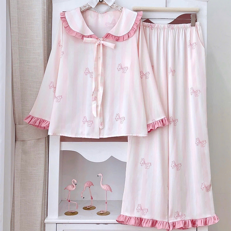 Premium Silk Pink Bow Ruffle Trim Pajama Set 1 count