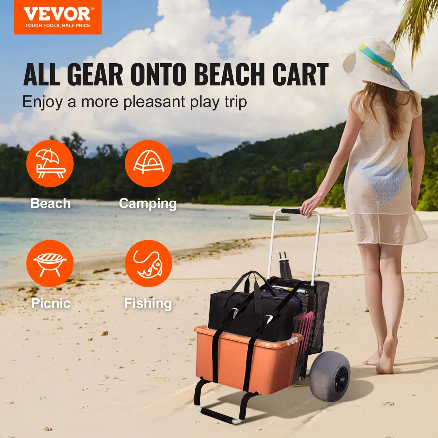 VEVOR Beach Carts for Sand, 23 x 15 Cargo Deck, w/ 13 TPU Balloon Wheels, 165LBS Loading Folding Sand Cart & 33.1 to 51.6 Adjustable Height, Aviation Aluminum Cart for Picnic, Fishing, Beach 1 each