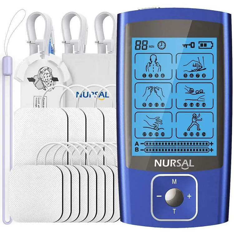 NURSAL 24模式双通道TENS EMS单元肌肉刺激器，用于疼痛缓解治疗，12个电极垫