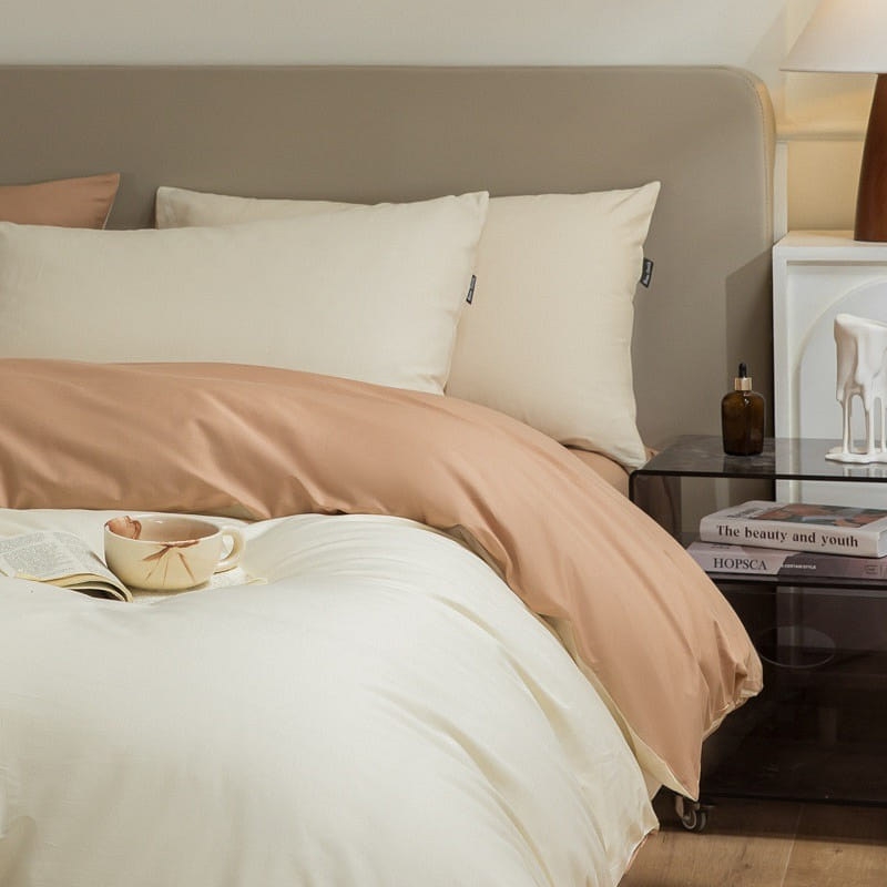 Bedding Set Queen Size Flat Sheetx1 Duvet Coverx1 Pillow Casex2 White+Brown 1 each