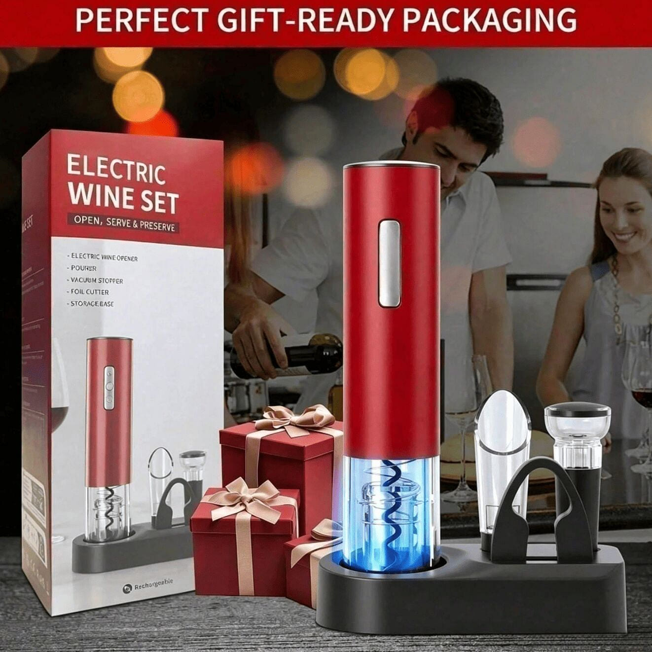 6-In-1 Red Electric Wine Opener Gift Set 1 pack