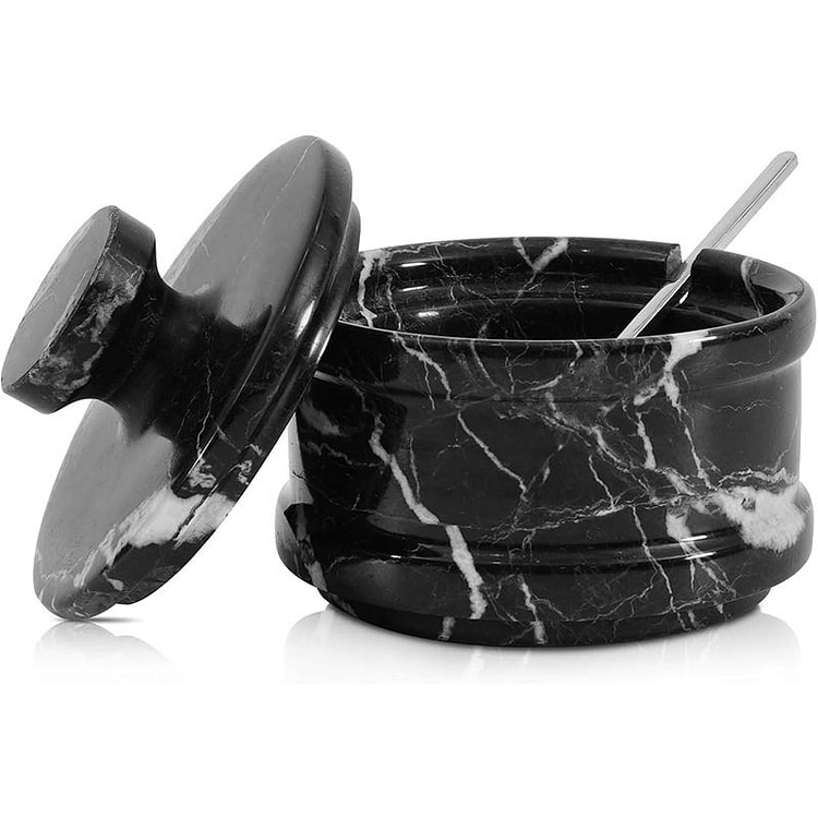 Radicaln Marble Salt Holder with Lid & Spoon, Blac