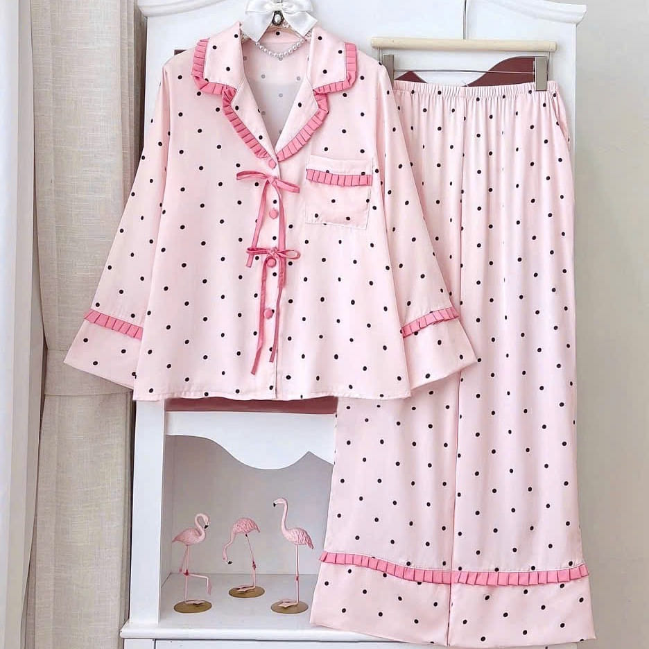 Premium Silk Pink Polka Dot Pleated Trim Pajama 1 count