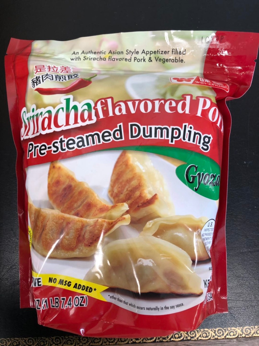 PreSteamed Sriracha Flavored Pork Dumplings, Frozen Weee!