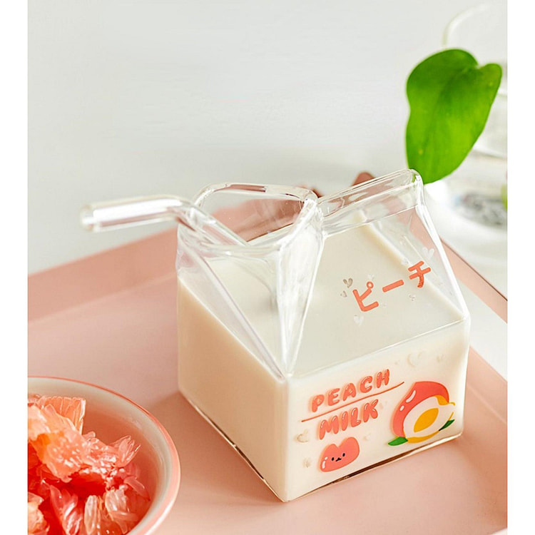 原创日式玻璃牛奶杯带吸管桃子