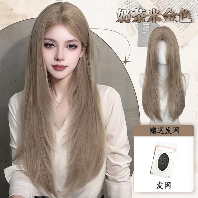 全头套假发自然无痕中分 米金色高层次长直发+发网 1 份