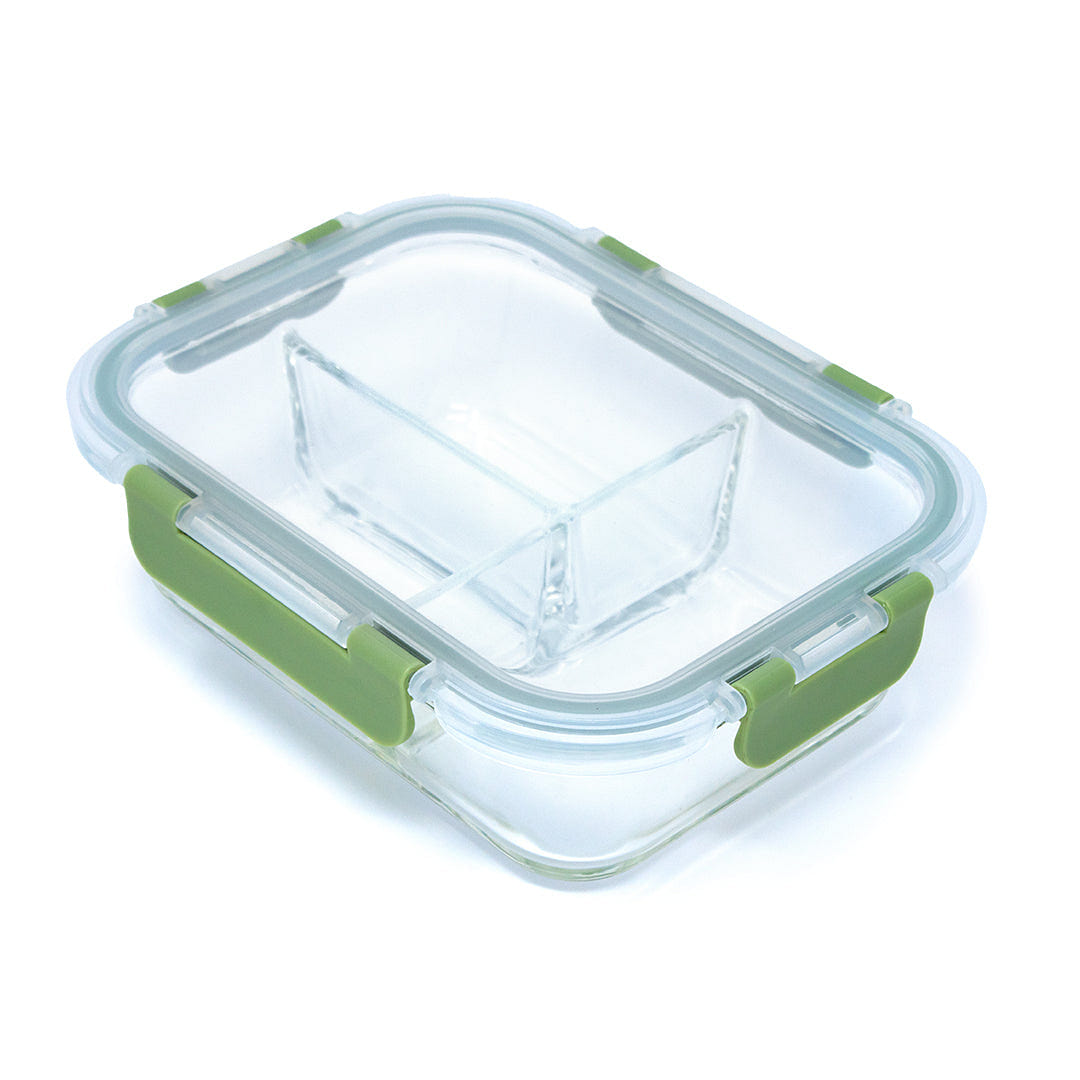 HQ Boroslicate Glass Food Containers / Canister with Green / Clear Clip On Lid Box with 3 Compartments Airtight 35oz Rectangular Bakeware for Kitchens 1040 ML 1 each