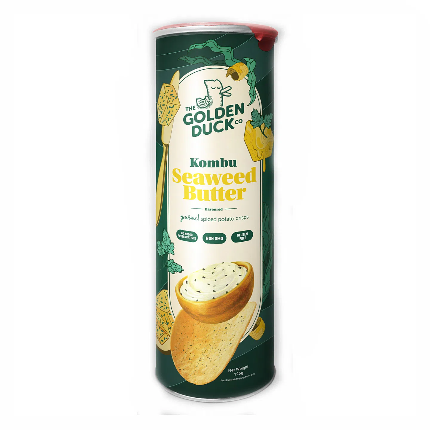 THE GOLDEN DUCK Gourmet Spiced Potato Crisps Kombu Seaweed Butter Flv 125g 1 each