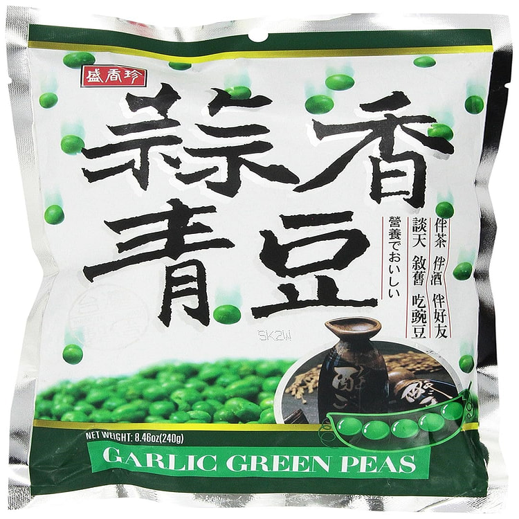 台湾盛香珍 蒜蓉青豆 8.46oz (1包)，台湾台中市制造，来自台湾的美食，蒜蓉青豆，青豌豆干，美味有嚼劲，美国直发，包邮