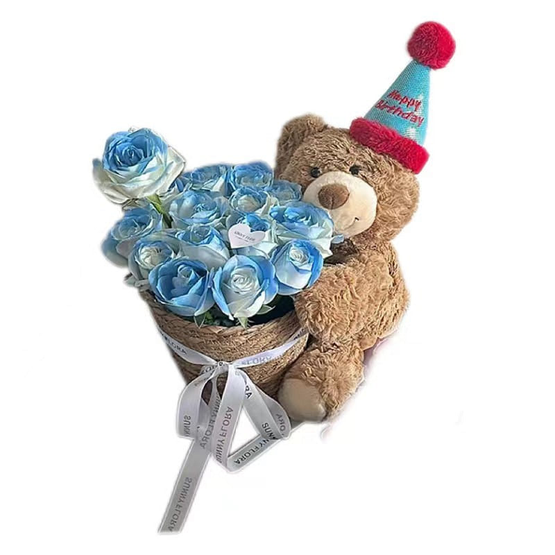 Bear Doll Hug Bucket Bouquet Eternal Flower Birthday Gift Party Party-Blue 1 each
