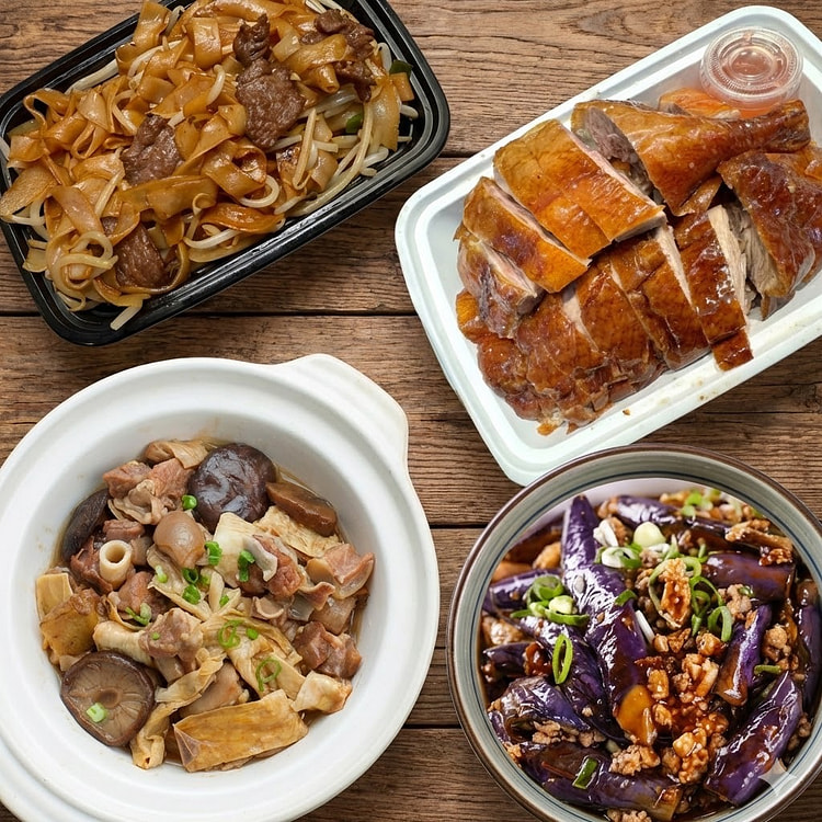 四菜套餐 烧鸭+牛河+腐竹羊腩煲+鱼香茄子煲 1 份