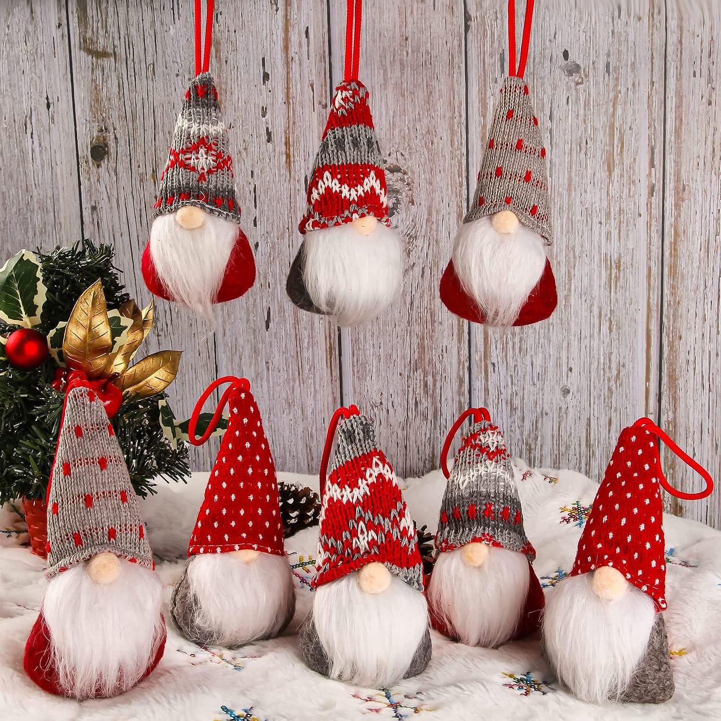 Christmas Gnomes Hanging Ornaments Set*8P Handmade 1 count