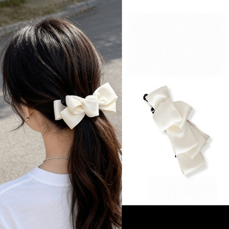 Satin Bow Banana Clip 16cm-Soft Pearl White 1 count