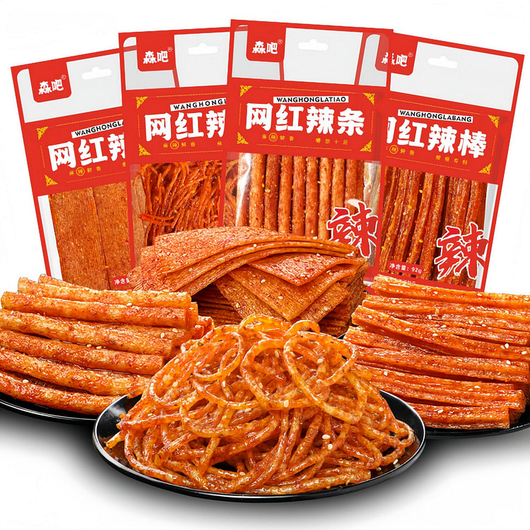 网红辣条4包装，香辣面筋辣条，中式特色经典手工辣条，4种不同风格的辣条，大辣片+霸王丝+辣棒+辣条，92克X4包，辣条零食 美国仓库发货，包邮，2-5