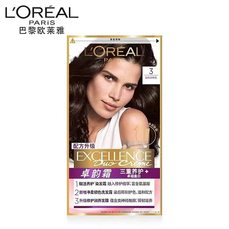 欧莱雅 卓韵霜染发剂 男女自然深棕色遮盖白发自己在家染发膏霜 3.0-自然深棕色 头发颜色