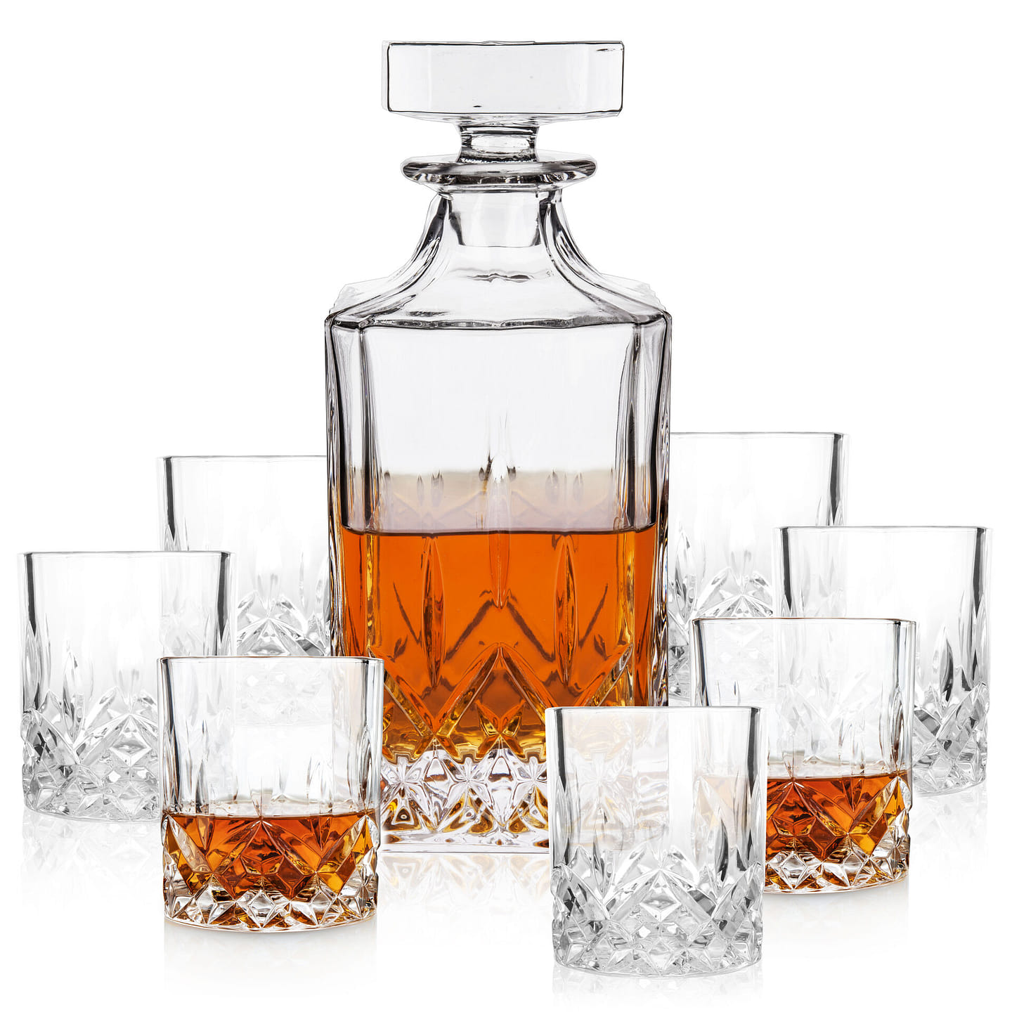 Viski Admiral Decanter and Lowball Glass Set – Premium Crystal Glasses for Liquor, Scotch and Whiskey, Glassware Gift Set of 8 9 count