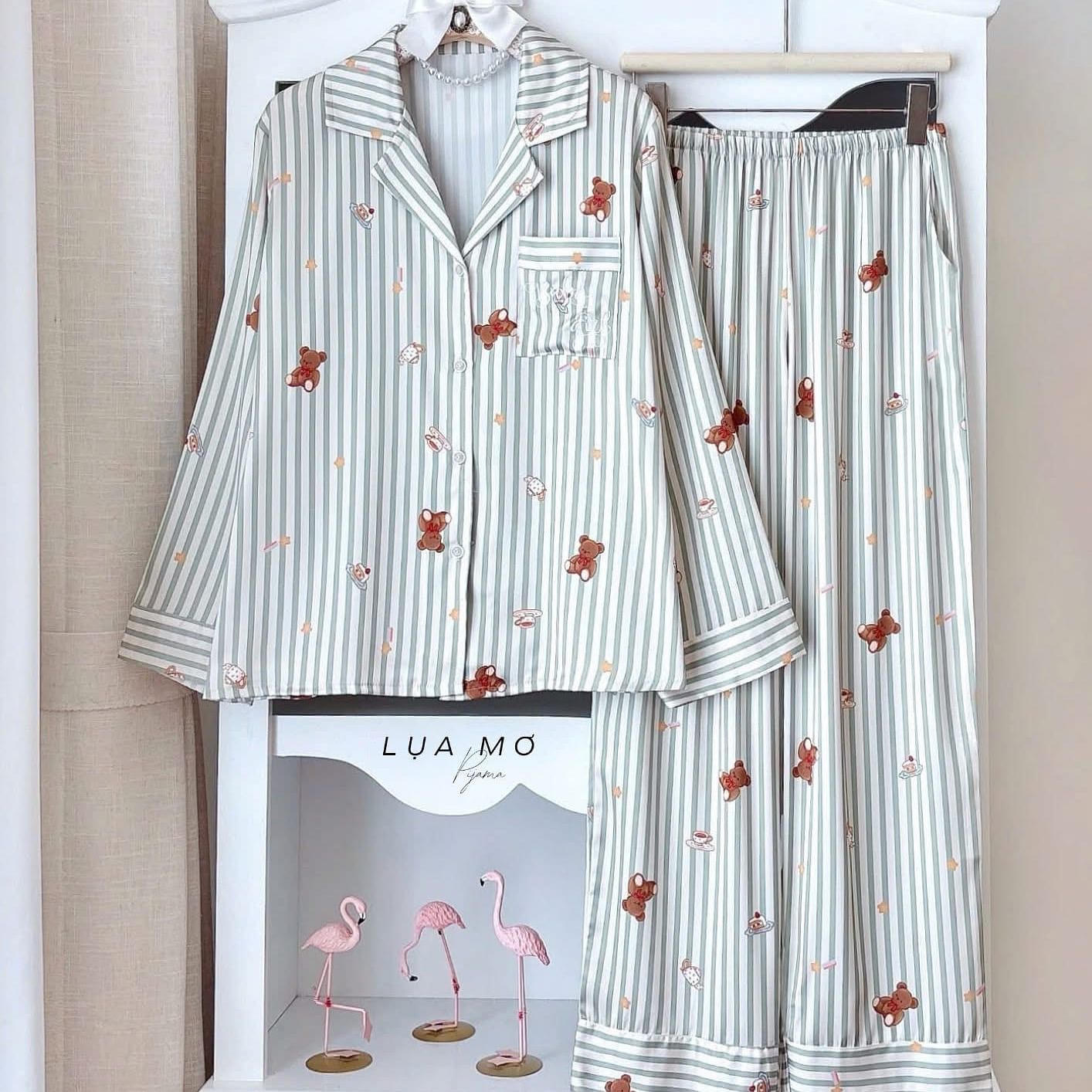 Premium Silk Green Striped Bear Pattern Pajama Set 1 count