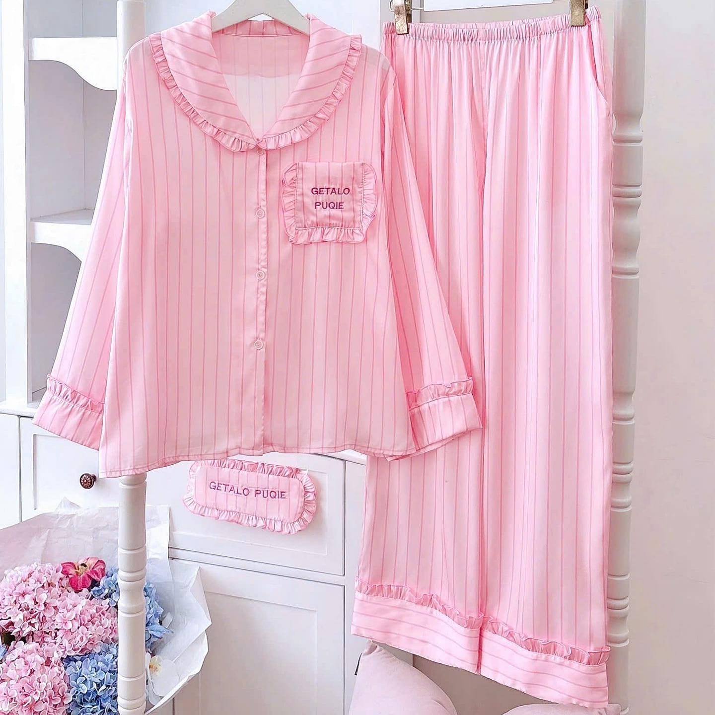 Premium Silk Pastel Pink Stripe Ruffle Trim Pajama 1 count
