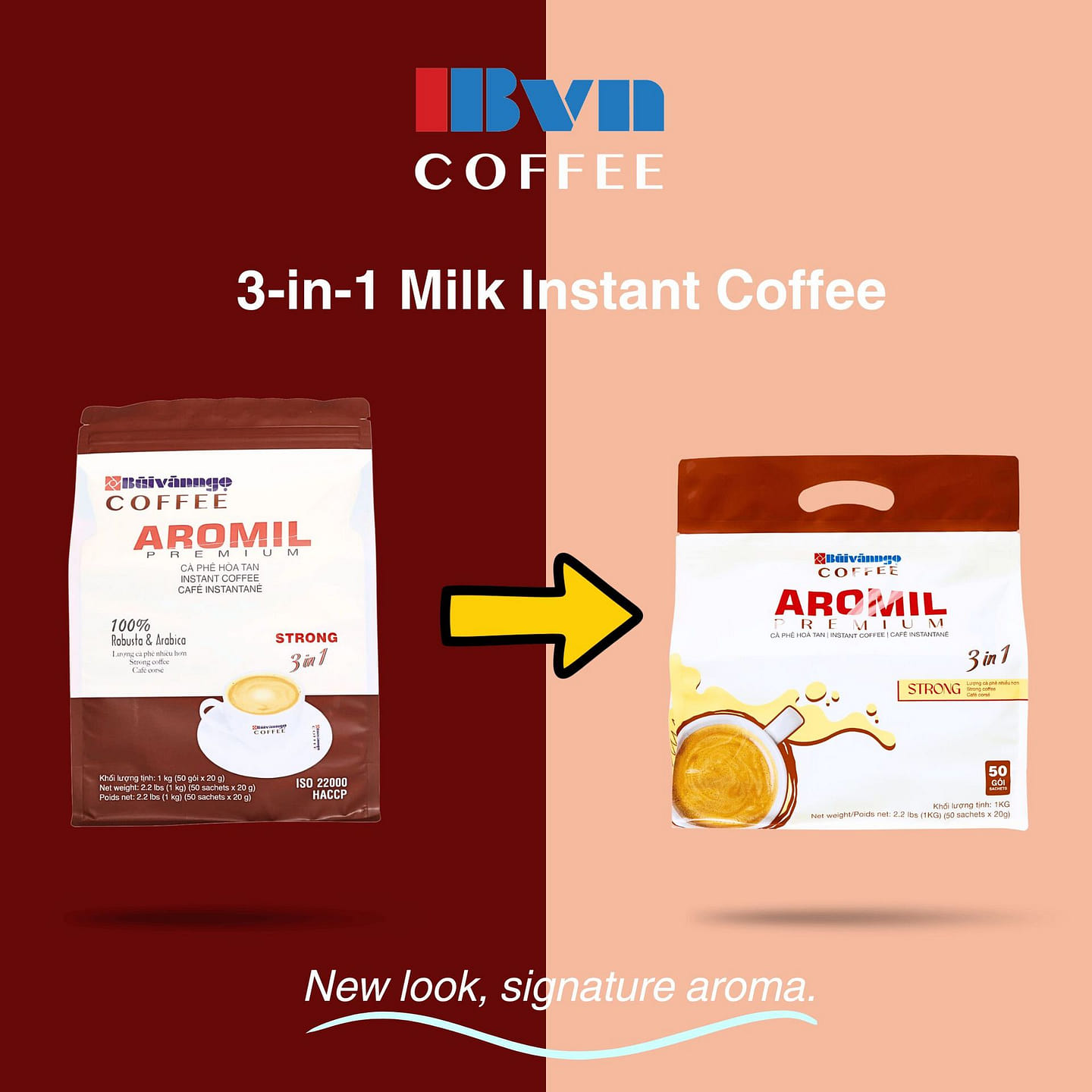 IBVN AROMIL 3IN1 INSTANT COFFEE 50 SACHETS/BAG 0.7 oz