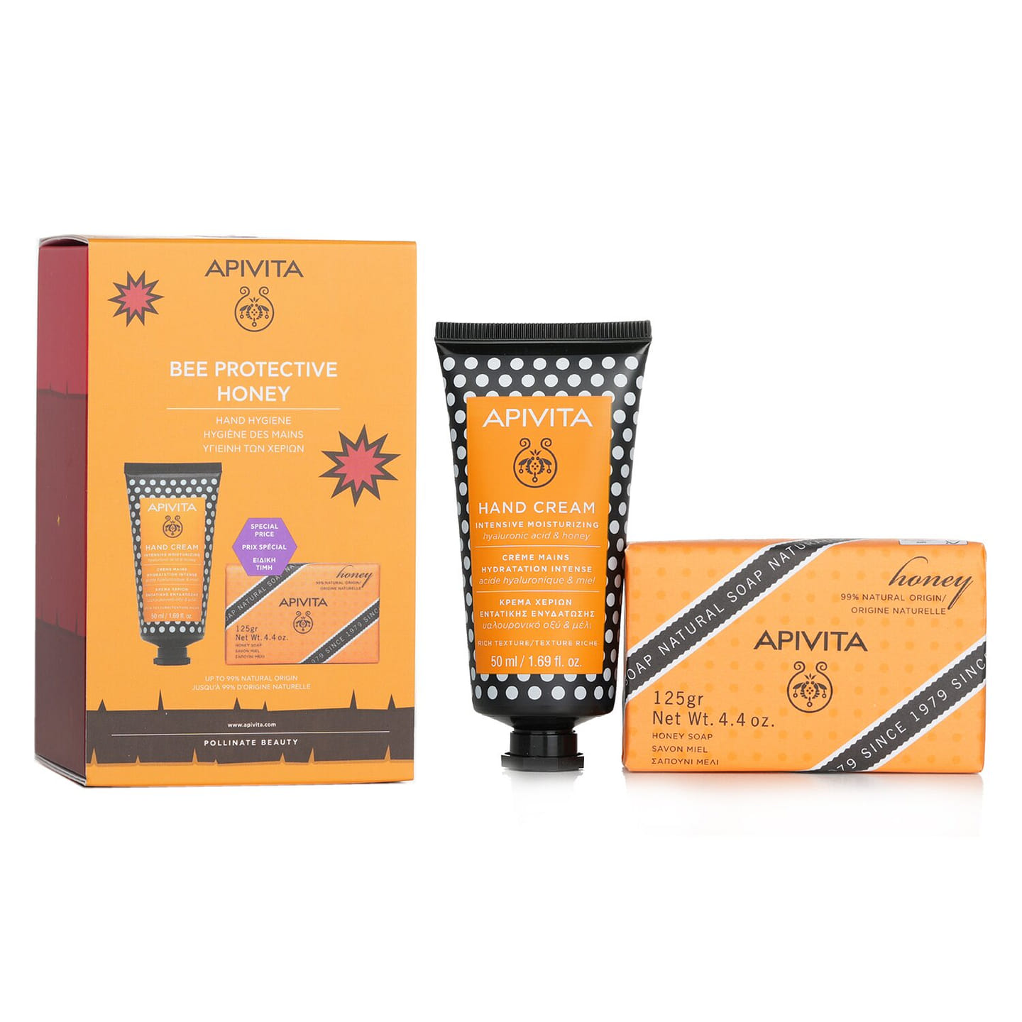 Apivita Bee Protective Honey Set: Hand Cream Hyaluronic Acid & Honey 50ml+ Natural Soap Honey 125g 2pcs 2 each
