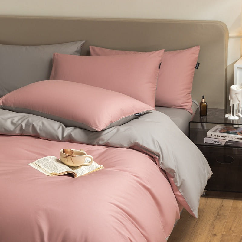 Bedding Set King Size Flat Sheetx1 Duvet Coverx1 Pillow Casex2 PeachPink+Grey 1 each