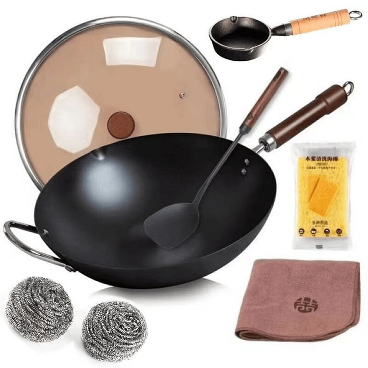 Free Spatula+Small Pot 34cm Carbon Steel Iron Wok 1 count