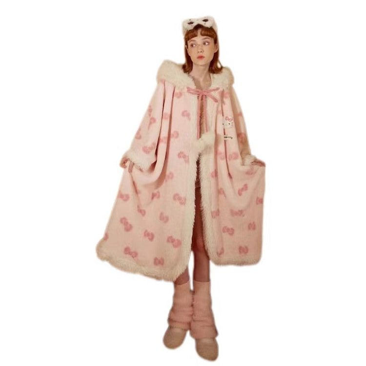 【中国直邮】 FOXTAIL Hello Kitty蝴蝶结斗篷 毛绒女士家居服/珊瑚绒睡袍/冬季新款少女甜美风-S码 1件*|预计到达时间3-4周