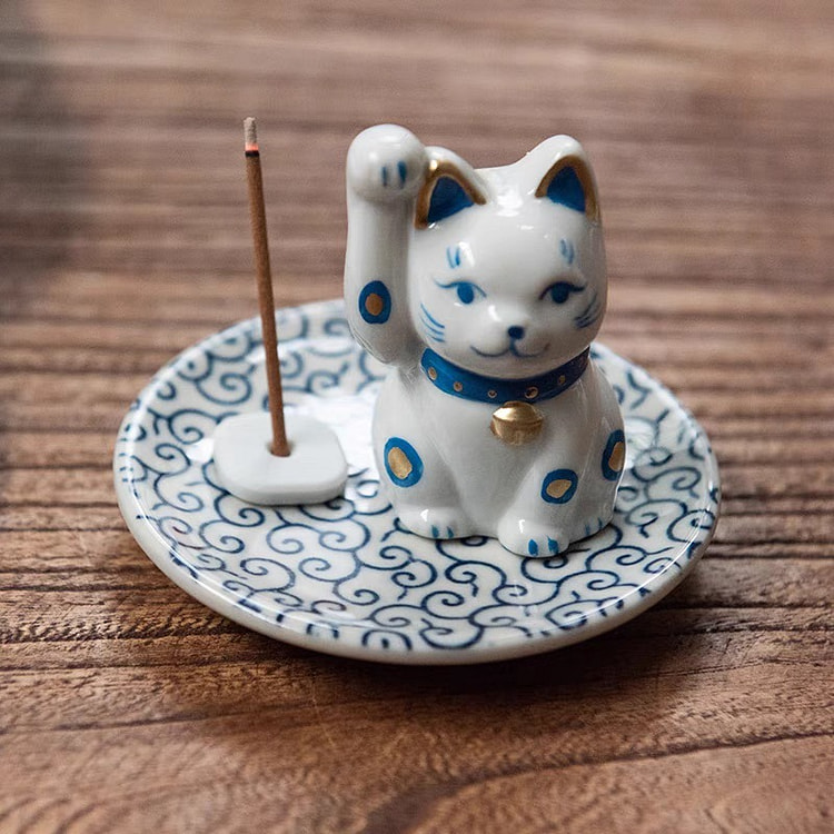 濑户烧 招财猫香立（礼盒装）- 蓝色