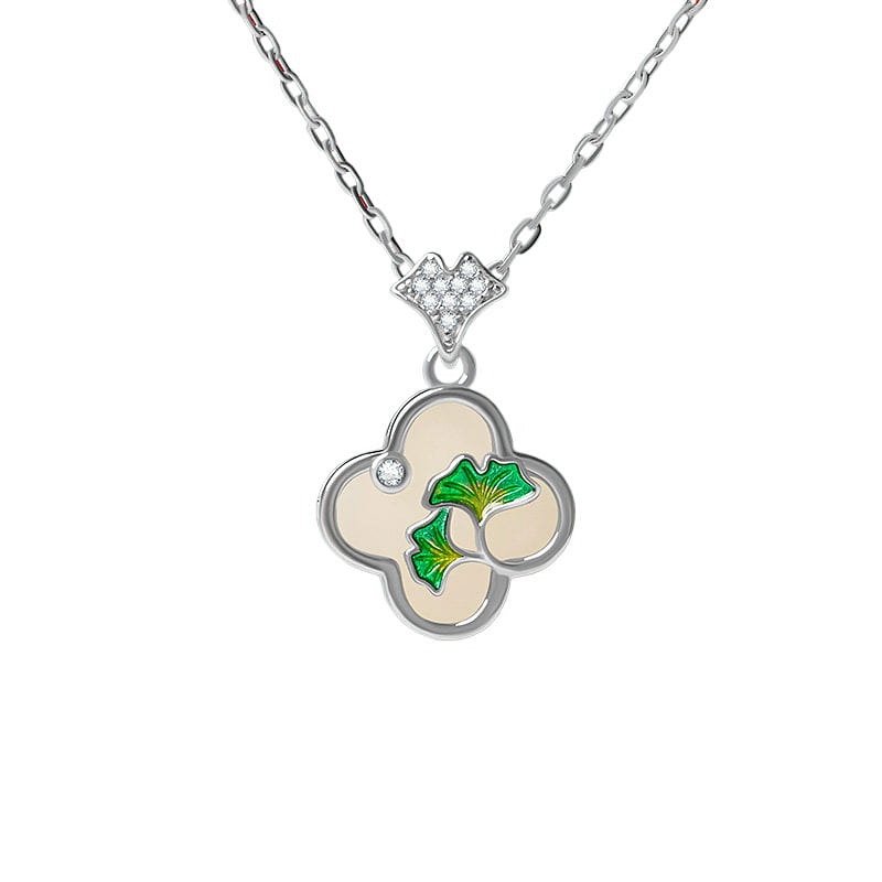 Four Leaf Grass Hotan Jade Necklace Silver 20*13mm 1 box