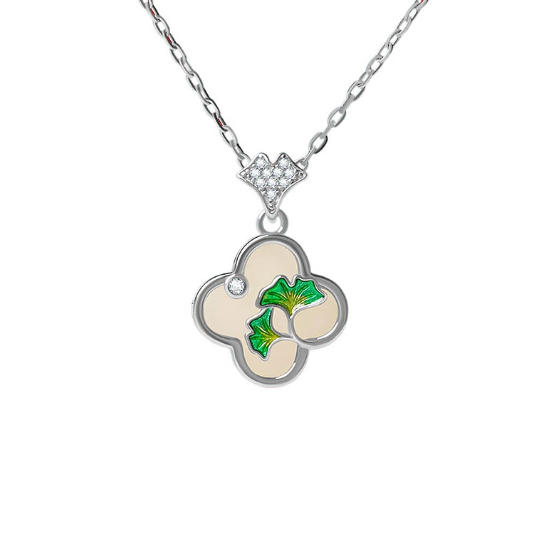 Four Leaf Grass Hotan Jade Necklace Silver 20*13mm 1 box
