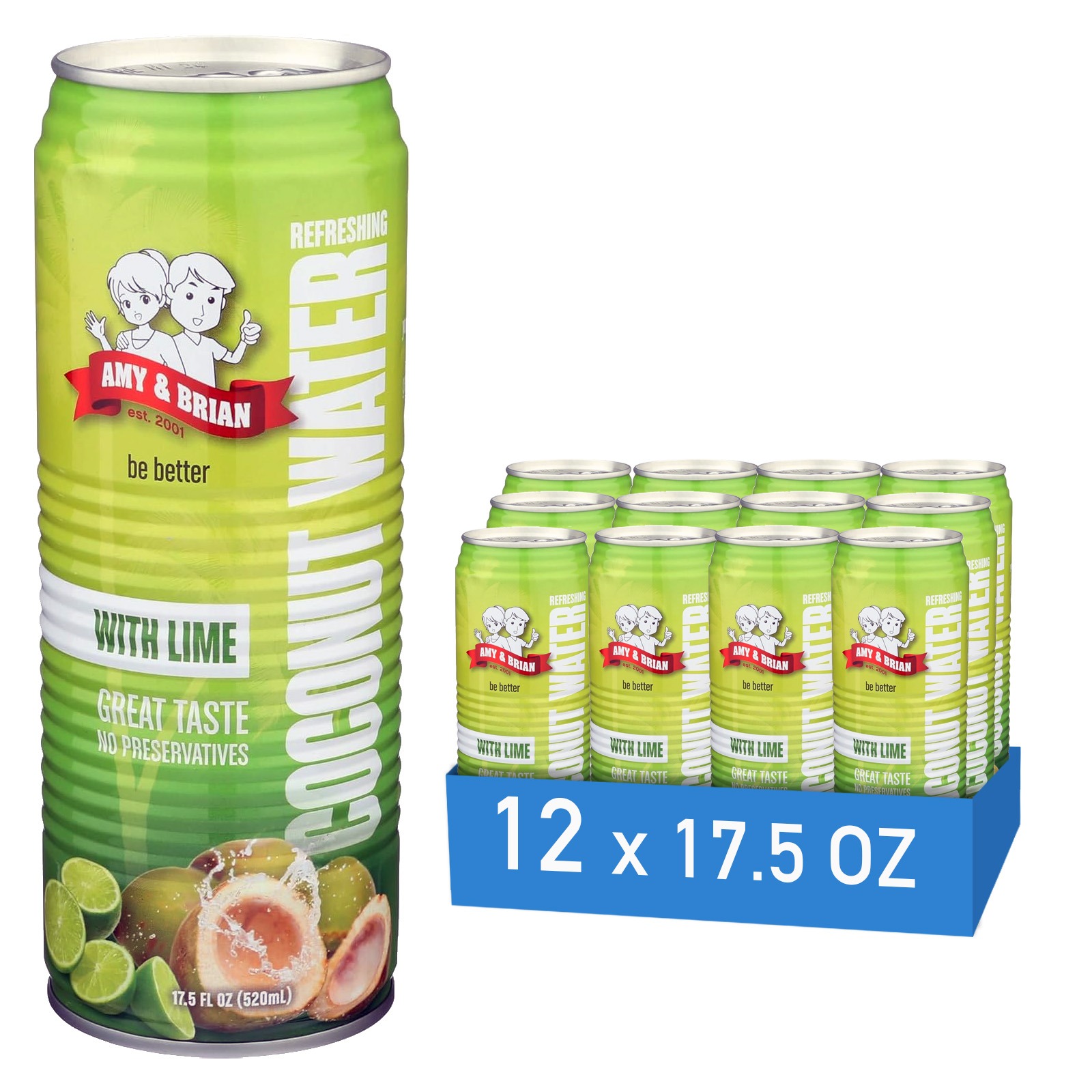 Amy & Brian Premium Coconut Water with Lime Non-GMO 12 x 17.5 Fl Oz 210 fl.oz