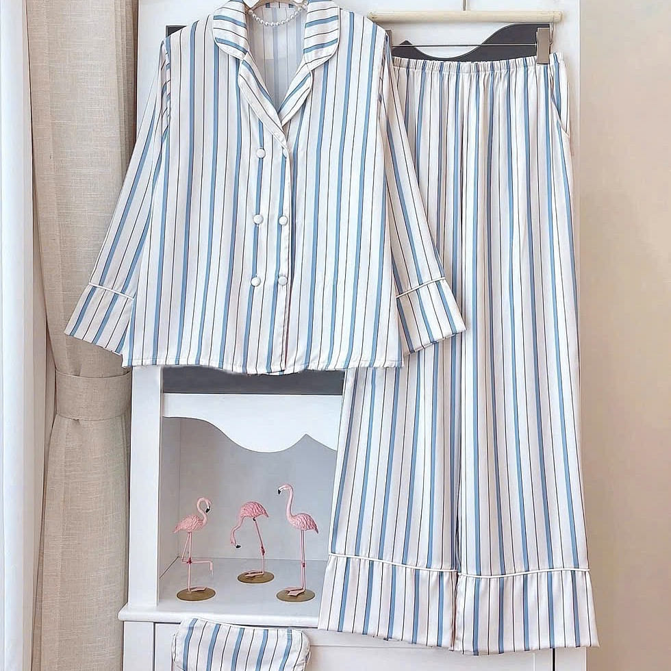 Premium Silk Elegant Blue White Striped Pajama Set 1 count