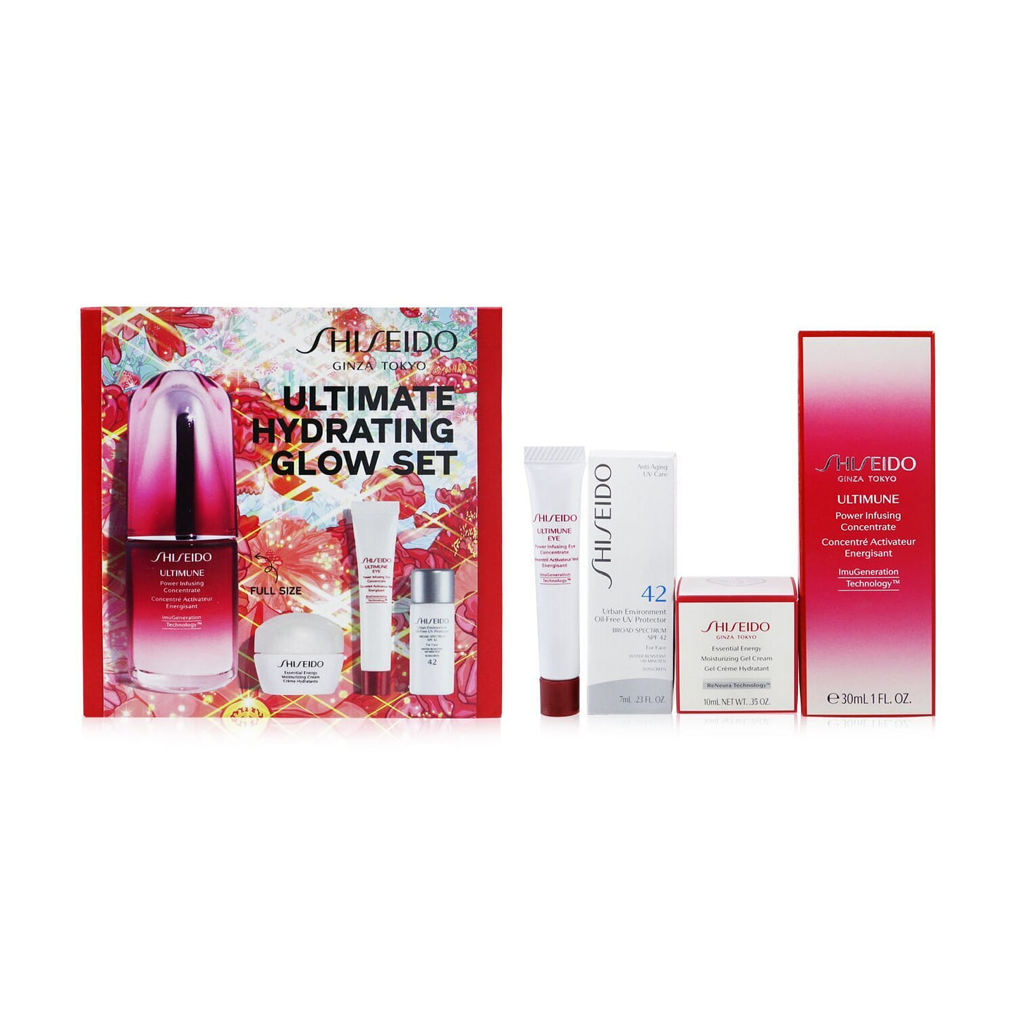 Shiseido Ultimate Hydrating Glow Set: Ultimune Power Infusing Concentrate 30ml + Moisturizing Gel Cream 10ml + Eye Con…999980 4 each