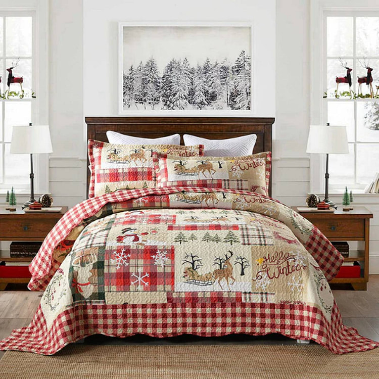 MarCielo Queen 圣诞三件套，床上用品，包括1条被子加2个枕垫，圣诞乡村小屋图案