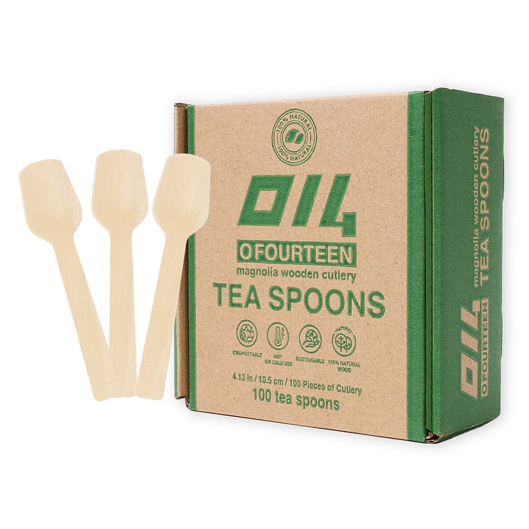 Ofourteen Disposable 4-inch Wooden Teaspoons 100 each