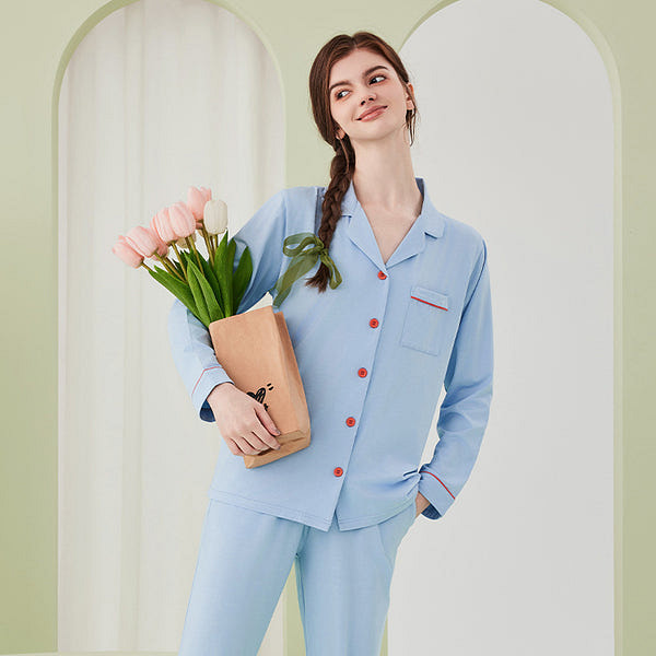 LULLABUY 舒睡亲肤 兰精天丝纯色睡衣套装女士家居服 L码 天青蓝