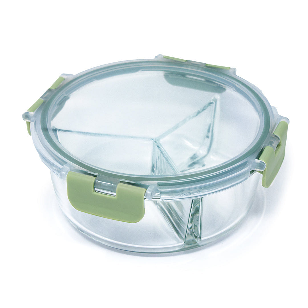 HQ Boroslicate Glass Food Containers / Canister with Green / Clear Clip On Lid Box with 3 Compartments Airtight 32oz Round Bakeware for Kitchens 950 ML 1 each