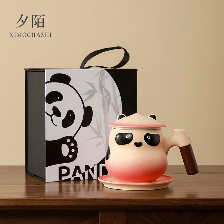 夕陌|熊猫茶咖杯（浪漫粉）+礼盒 1 份